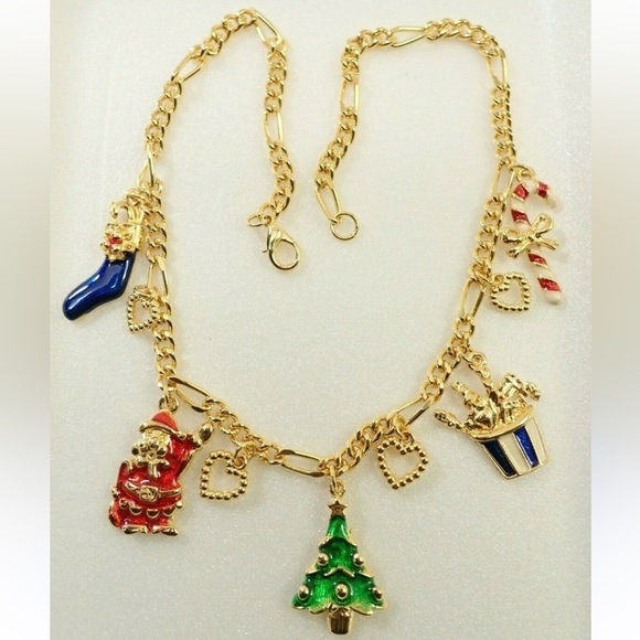 Source Unknown Other - Chunky Gold Christmas Charm Necklace 🎄 Enamel Santa Tree Candy Cane Holiday